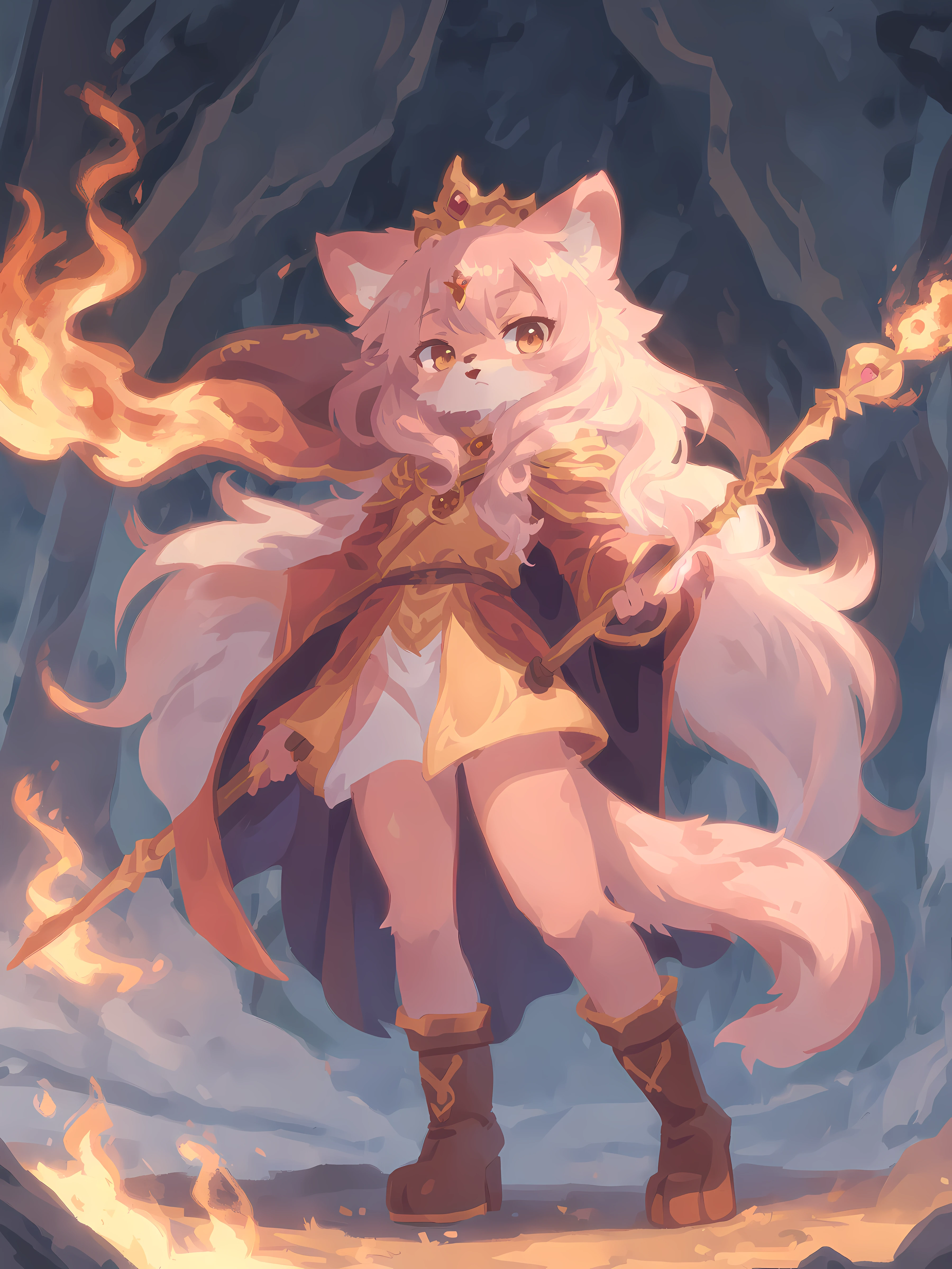 1girl, solo, (long shot, very long shot, full body:1.3), mage, cloak, boots, long hair, pink fur, staff, holding a staff, holding staff, looking at viewer, tiara, standing, fire, (best quality, masterpiece, illustration, ultra-detailed:1.3), (uploaded on e621, furry, anthro, kemono:1.3)
