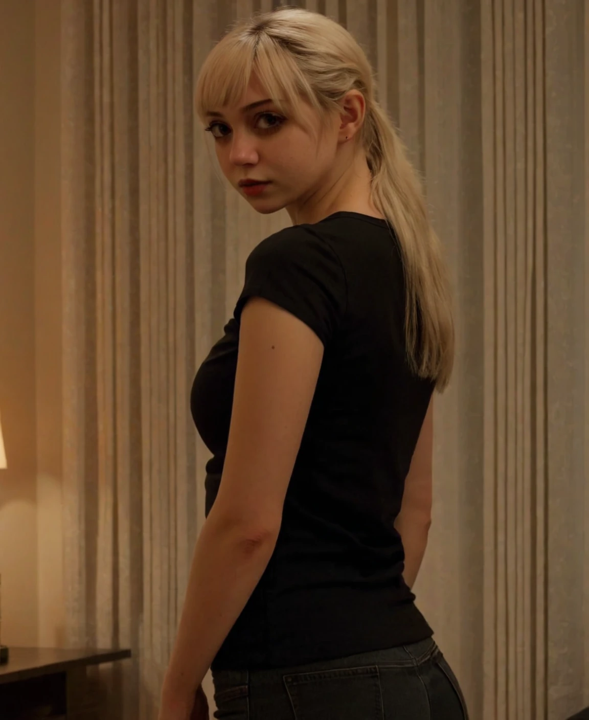 <lora:XL_marymorgan_v6:1>, marym0rgan standing, 1girl, blond hair, solo, black shirt, brown eyes,  realistic, ,  [[XL_ZIP_realism]]