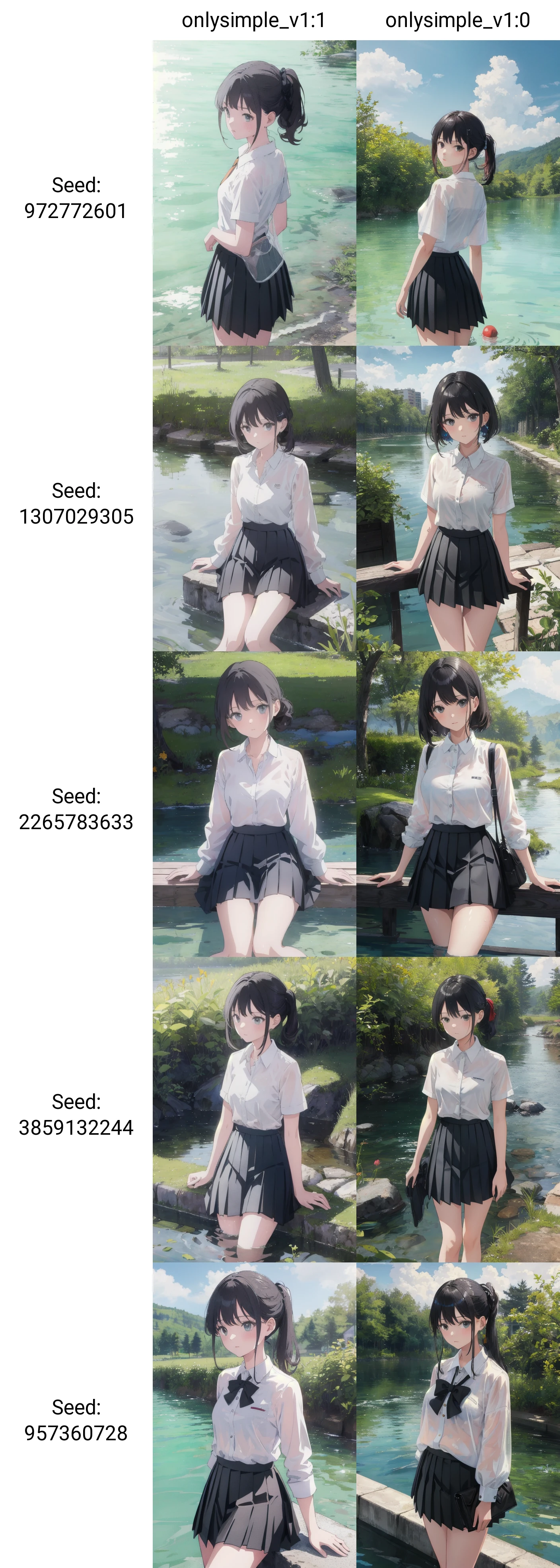 (best quality, masterpiece, highres),1girl,solo,outdoors,white shirt,black pleated skirt,reflective_water,
<lora:onlysimple_v1:1>,