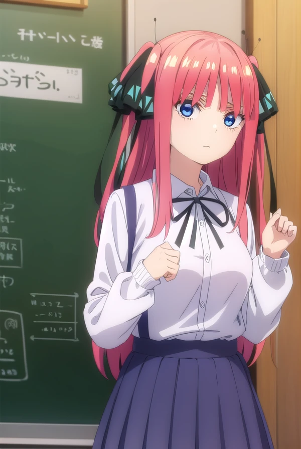 ninonakano, <lora:ninonakanospecial-lora-nochekaiser:1>,
nino nakano, long hair, bangs, blue eyes, hair ornament, hair ribbon, pink hair, blunt bangs, two side up, butterfly hair ornament,
BREAK skirt, shirt, long sleeves, white shirt, pleated skirt, open clothes, collared shirt, sleeves past wrists, dress shirt, cardigan, green skirt, open cardigan, black cardigan,
BREAK indoors, classroom,
BREAK looking at viewer, (cowboy shot:1.5),
BREAK <lyco:GoodHands-beta2:1>, (masterpiece:1.2), best quality, high resolution, unity 8k wallpaper, (illustration:0.8), (beautiful detailed eyes:1.6), extremely detailed face, perfect lighting, extremely detailed CG, (perfect hands, perfect anatomy),