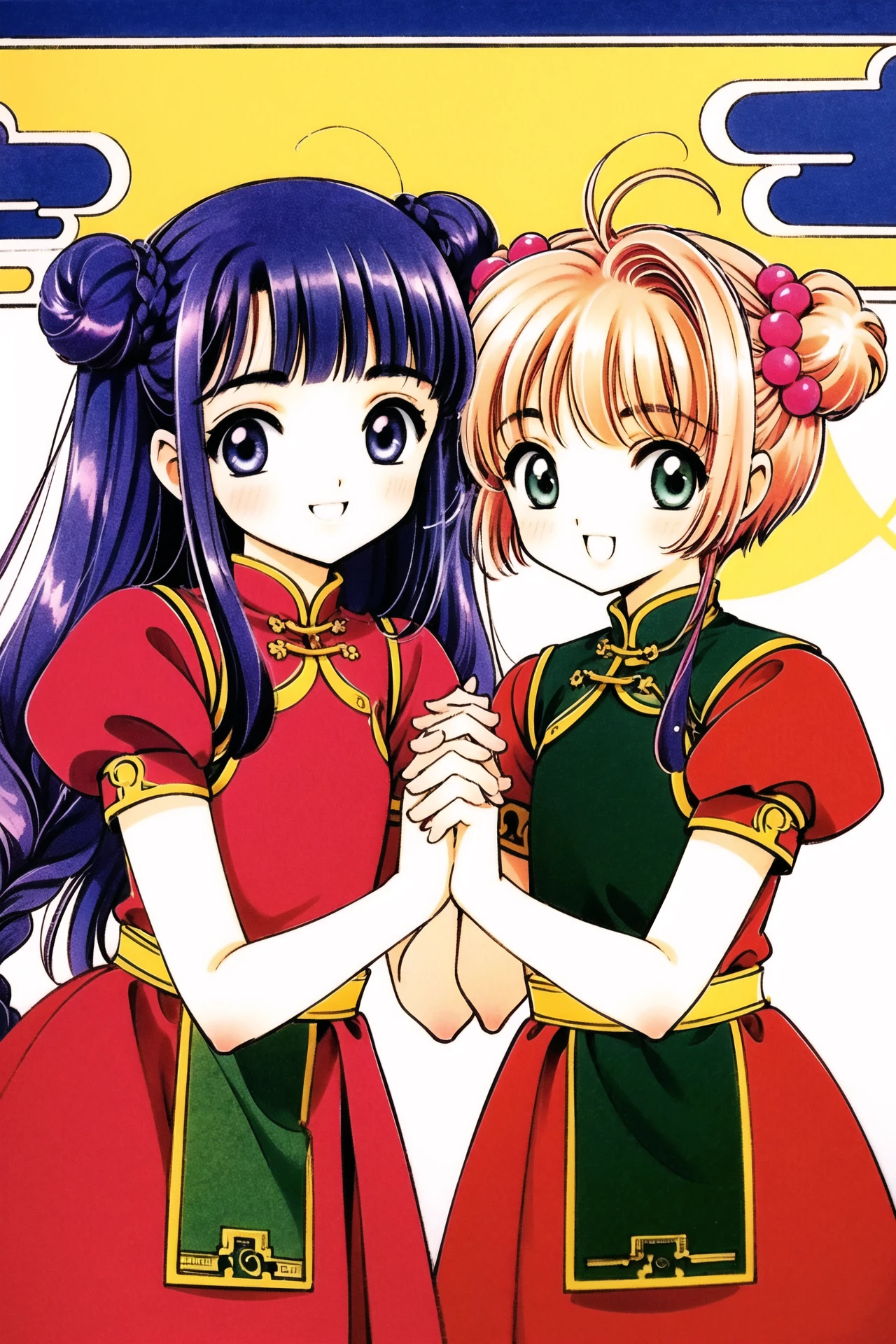 multiple girls, 2girls, daidouji tomoyo, chinese clothes, kinomoto sakura, flower, 1990s (style), twin braids, smile, bangs, braid, open mouth, dress, long hair, interlocked fingers, short hair, green eyes, short sleeves, hair bobbles, retro artstyle, blue hair, holding hands, hair ornament, double bun, :d, china dress, brown hair, looking at viewer, hair bun, antenna hair, blunt bangs, purple eyes, two side up, blue eyes, twintails, own hands together, pink flower, purple hair, bun cover, upper body, index finger raised, orange dress, <lora:Card Captor Sakura_v2:0.8>