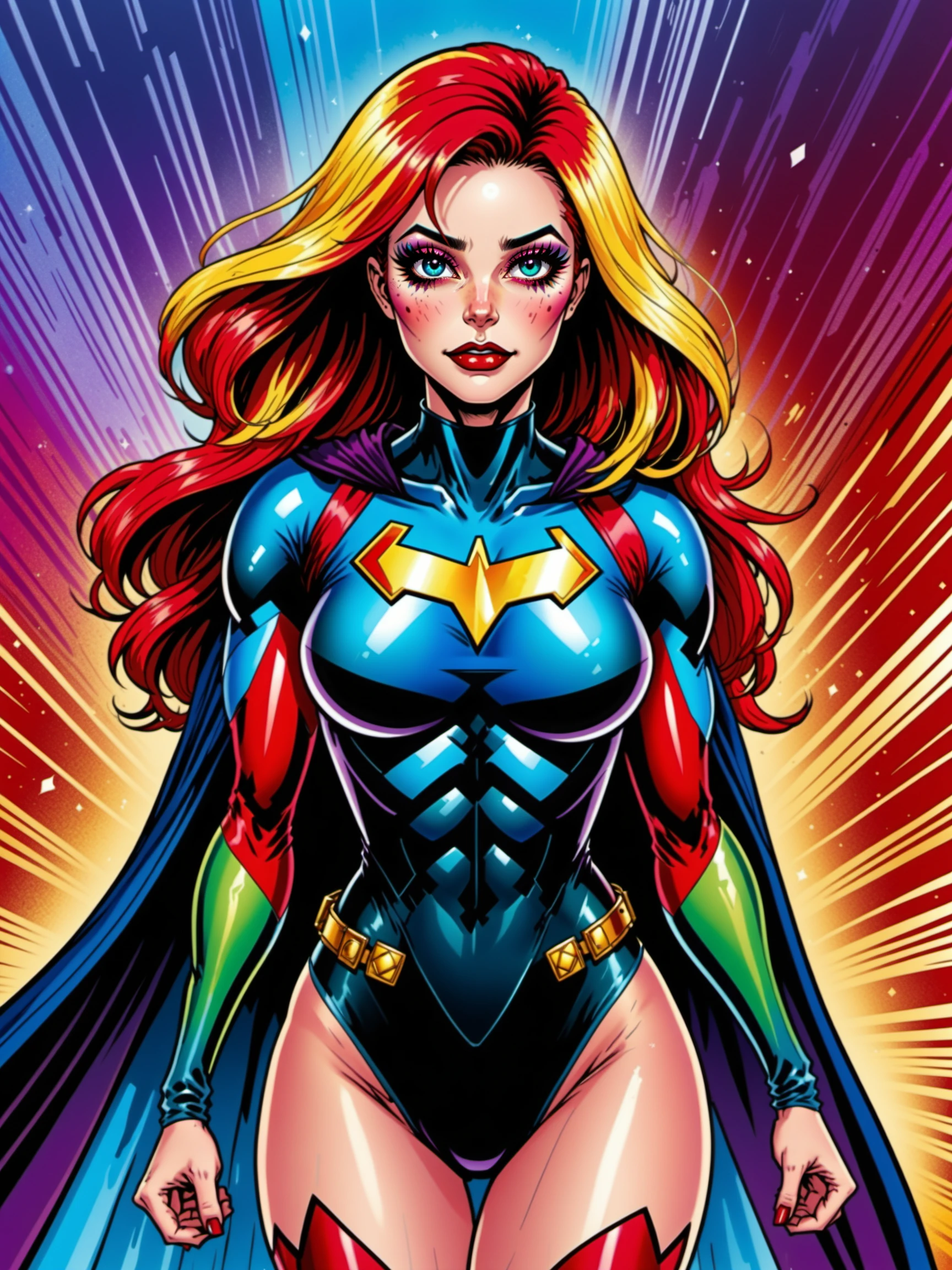 1girl, solo, looking at viewer, body suit, superhero style, rainbow hair, multicolored hair, gradient hair, cape,  sketch, traditional media, comic book style,