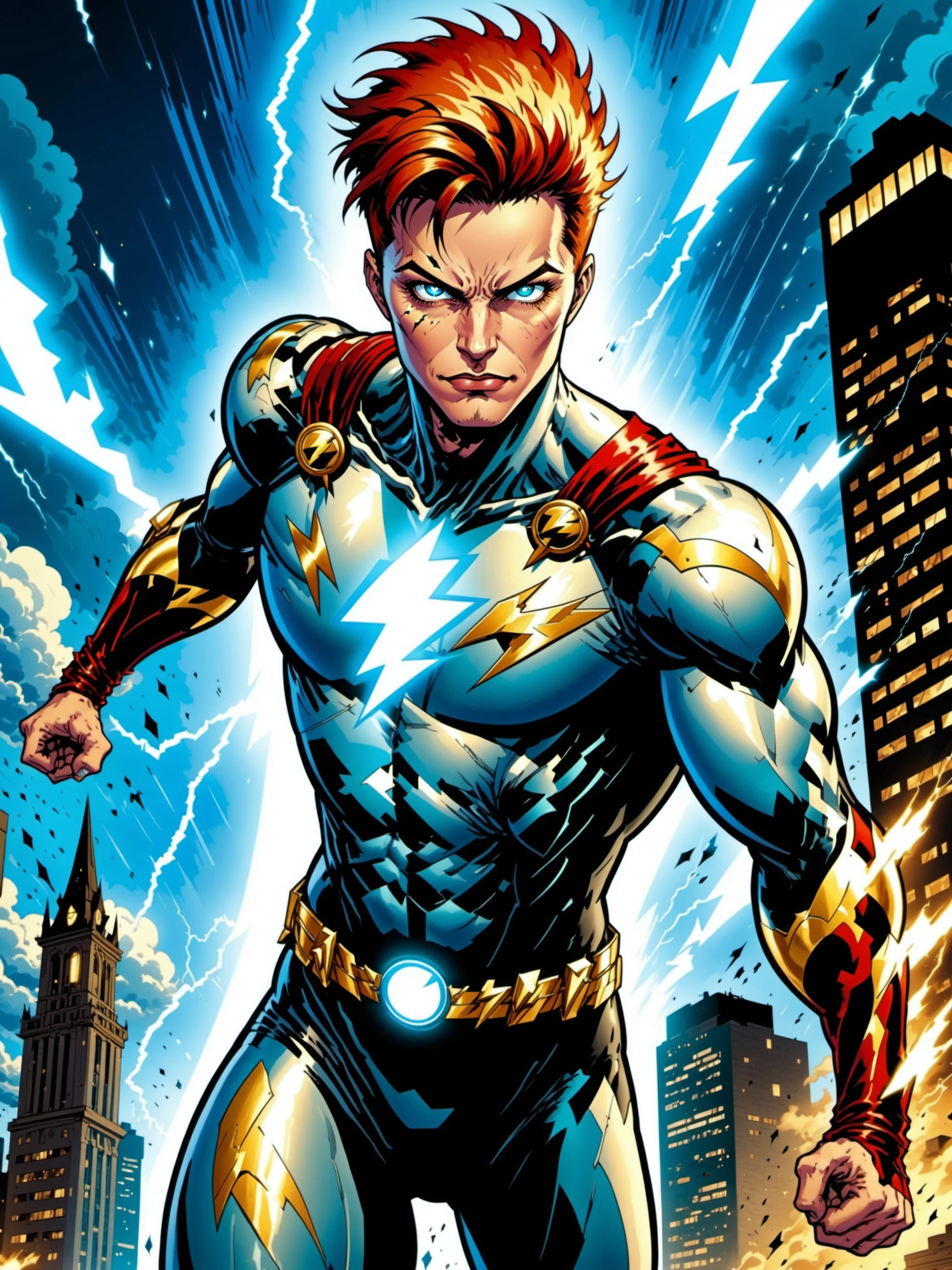 iboy, male focus, solo, looking at viewer, white body suit, lightning bolt symbol, thunderstorm, gold eyes,  dc comics, lightning bolt streaks, lightning fast, outdoors, city, sky, clouds