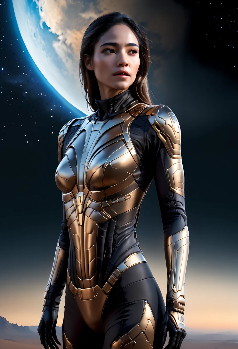 Breathtaking image of a attractive solitary person, sofiaboutella woman, wearing stillsuit, human head with natural skin, symmetrical arms, wearing boots and gloves, standing tall and proud, their gaze fixed on the horizon, exudes an aura of quiet confidence and determination, starry sky at night, athletic, sense of wonder and curiosity, ultra-realistic rendering makes the image feel almost tangible, stunning piece of artwork is a testament to the power of visual storytelling, transporting us to a world of grand adventures and epic discoveries, style of Raymond Swanland and Edward Blair Wilkins, <lora:StillsuitXL_v1.31:0.75> <lora:sofiaboutella_sdxl_lora_256_bf16_19:1>