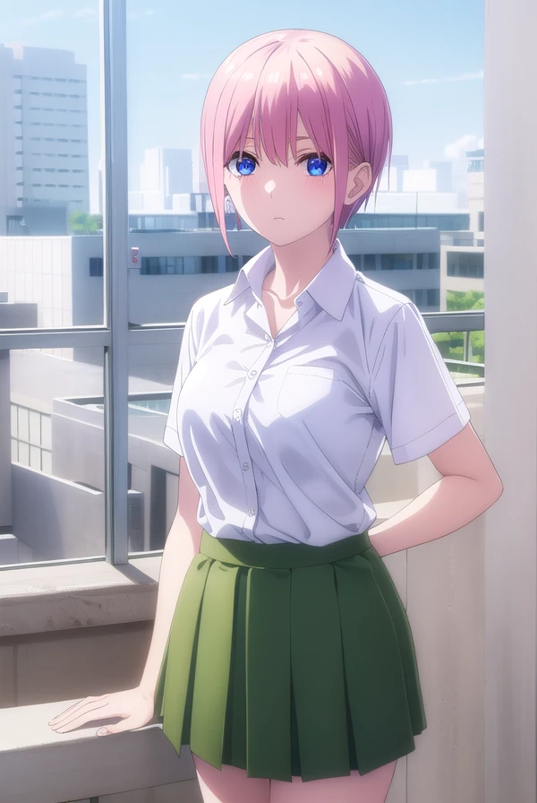 ichikanakano, <lora:ichikanakanospecial-lora-nochekaiser:1>,
ichika nakano, short hair, bangs, blue eyes, hair between eyes, pink hair,
BREAK skirt, shirt, school uniform, white shirt, short sleeves, pleated skirt, shoes, socks, collared shirt, black footwear, sweater, white socks, (green skirt:1.5), loafers, clothes around waist,
BREAK indoors, classroom,
BREAK looking at viewer, (cowboy shot:1.5),
BREAK <lyco:GoodHands-beta2:1>, (masterpiece:1.2), best quality, high resolution, unity 8k wallpaper, (illustration:0.8), (beautiful detailed eyes:1.6), extremely detailed face, perfect lighting, extremely detailed CG, (perfect hands, perfect anatomy),