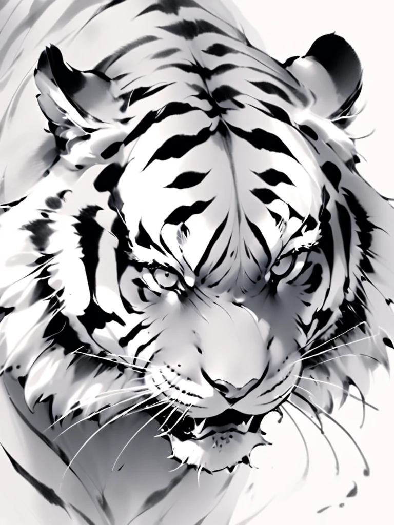 masterpiece),(highest quality),highres,(an extremely delicate and beautiful),(extremely detailed), <lora:shuimodongwu_xl:1>ï¼ (\shui mo\), monochrome, no humans, tiger, greyscale, whiskers, animal focus, animal, solo, fangs, looking at viewer, white background