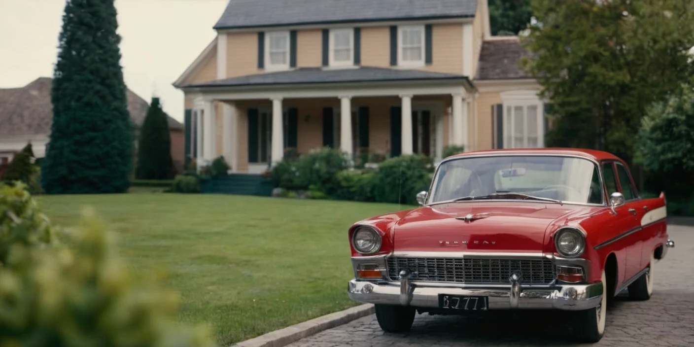 cinematic film still of <lora:cinematic vintage film:1>
a red car parked in front of a house cinematic vintage film style, shallow depth of field, vignette, highly detailed, high budget, bokeh, cinemascope, moody, epic, gorgeous, film grain, grainy
