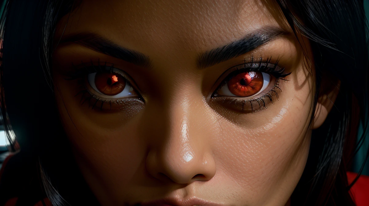 35mm film, extreme close-up, eyes focus, SndyPrz, medium hair, glowing red eyes, very dim lighting, depth of field, directed by Dario Argento, 1970s exploitation cinema style, very dark background, dark aura, menacing, creepy, evil <lora:SndyPrz:0.8> <lora:XenoDetailer_v2:0.6>