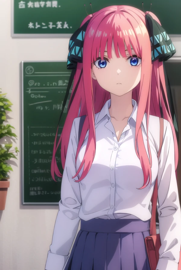 ninonakano, <lora:ninonakanospecial-lora-nochekaiser:1>,
nino nakano, long hair, bangs, blue eyes, hair ornament, hair ribbon, pink hair, blunt bangs, two side up, butterfly hair ornament,
BREAK skirt, shirt, long sleeves, white shirt, pleated skirt, open clothes, collared shirt, sleeves past wrists, dress shirt, cardigan, green skirt, open cardigan, black cardigan,
BREAK indoors, classroom,
BREAK looking at viewer, (cowboy shot:1.5),
BREAK <lyco:GoodHands-beta2:1>, (masterpiece:1.2), best quality, high resolution, unity 8k wallpaper, (illustration:0.8), (beautiful detailed eyes:1.6), extremely detailed face, perfect lighting, extremely detailed CG, (perfect hands, perfect anatomy),