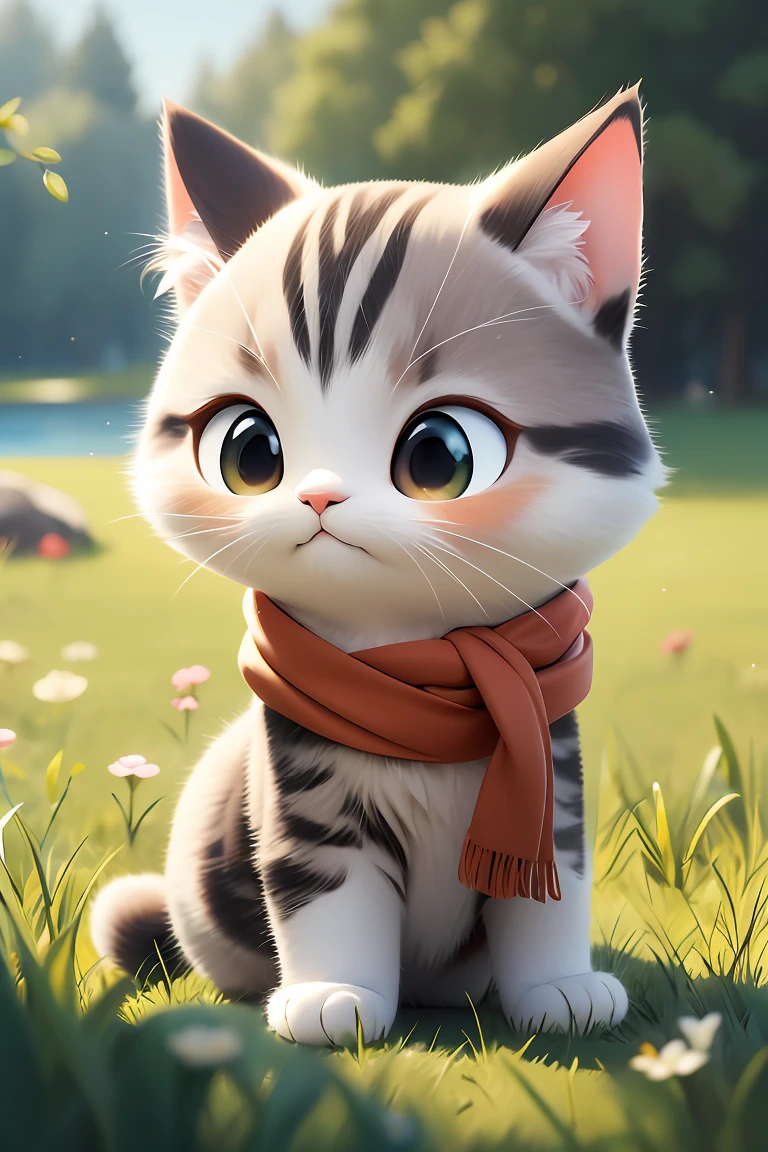 chibi, masterpiece, best quality, original, official art,1cat,red scarf,grass,blurred background, cartoon rendering, beautiful detailed glow, (detailed ice), beautiful detailed water,