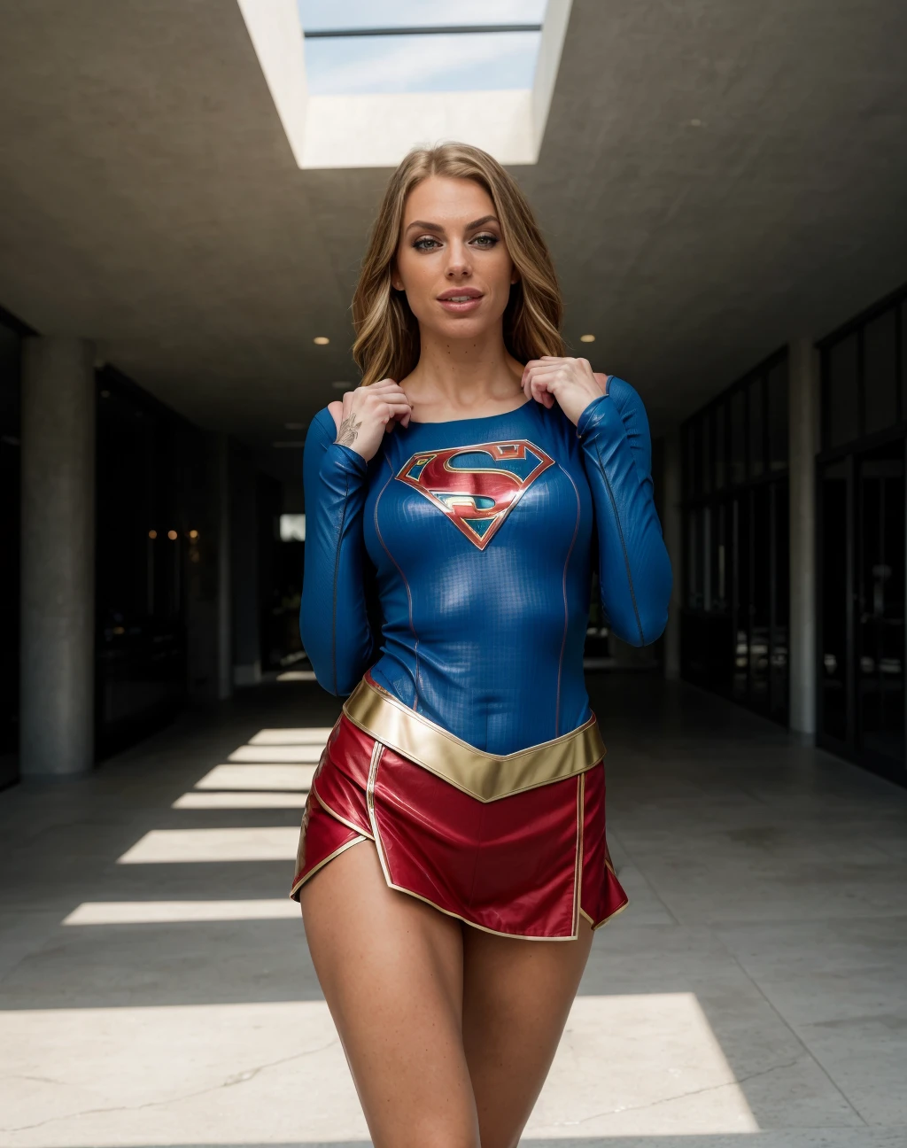 Luxury product style realistic, award winning photo ,<lora:quiron_JuelzVentura_v1_lora:1> Juelzventura woman, a woman wearing supergirl costume and pants, dynamic pose, warm light, dynamic angle, detailed skin, skin details, sharp focus, 85mm lens, vibrant, cinematic light, sidelighting, ultra high res, best shadow, RAW, Dutch angle, . Elegant, sophisticated, high-end, luxurious, professional, highly detailed