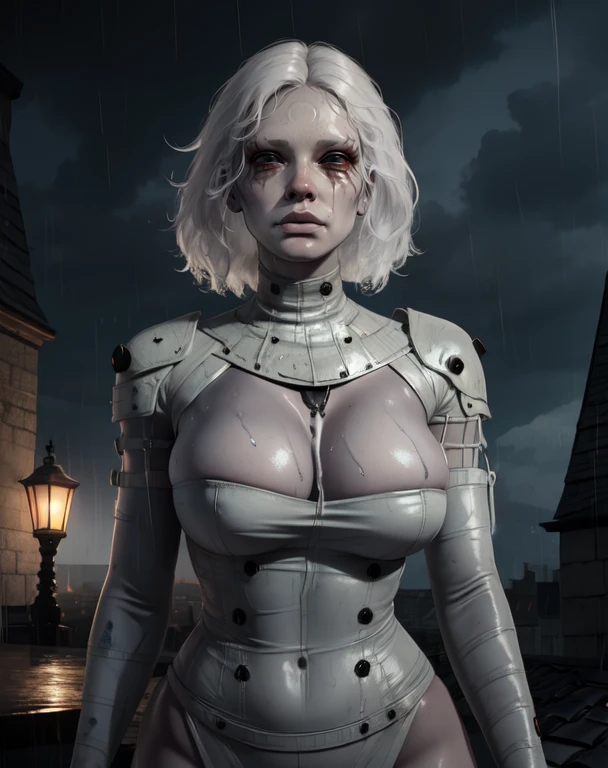 laxasia, white hair,  black eyes, facial mark,   short hair,  messy hair,   forehead mark, 
white bodysuit,  clothing cutout,  cleavage,   wet,   hips, 
serious, 
standing,  upper body, 
night, castle, rooftop,  raining, storm,   wet,  
(insanely detailed, beautiful detailed face,beautiful detailed eyes, masterpiece, best quality),solo, 
 <lora:laxasiaLOP-10:0.8>