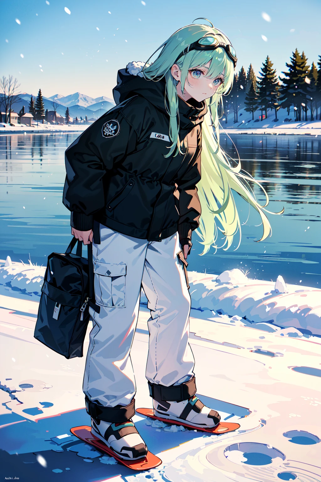 (best quality, masterpiece:1.1),   close up, sideview,  (facing down:1.2),  (1female), earnest face, green hair, absurdly long hair, messy hair,        muffler, (oversized padded clothes, winter clothes, oversized cargo pants), jacket, (goggles on eyes:1.2 ), snowboard, ( lake of the isles in minneapolis, (winter day, snow, white particles, snowing), peaceful),