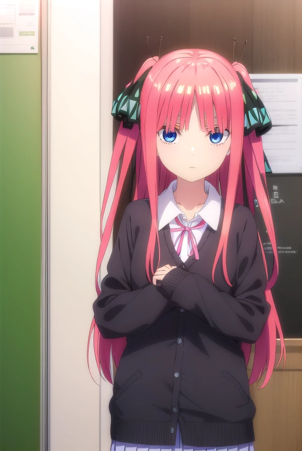 ninonakano, <lora:ninonakanospecial-lora-nochekaiser:1>,
nino nakano, long hair, bangs, blue eyes, hair ornament, hair ribbon, pink hair, blunt bangs, two side up, butterfly hair ornament,
BREAK skirt, shirt, long sleeves, white shirt, pleated skirt, open clothes, collared shirt, sleeves past wrists, dress shirt, cardigan, green skirt, open cardigan, black cardigan,
BREAK indoors, classroom,
BREAK looking at viewer, (cowboy shot:1.5),
BREAK <lyco:GoodHands-beta2:1>, (masterpiece:1.2), best quality, high resolution, unity 8k wallpaper, (illustration:0.8), (beautiful detailed eyes:1.6), extremely detailed face, perfect lighting, extremely detailed CG, (perfect hands, perfect anatomy),