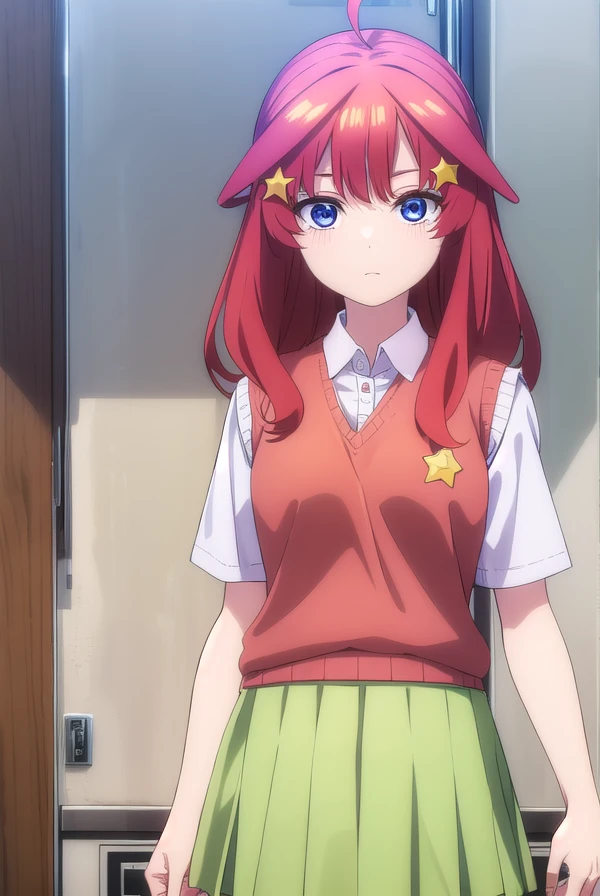itsukinakano, <lora:itsukinakanospecial-lora-nochekaiser:1>,
itsuki nakano, bangs, blue eyes, hair between eyes, ahoge, red hair, star \(symbol\), hair ornament, star hair ornament,
BREAK skirt, shirt, school uniform, collarbone, white shirt, short sleeves, pleated skirt, socks, collared shirt, miniskirt, kneehighs, white socks, (green skirt:1.5), sweater vest, (red sweater vest:1.5),
BREAK indoors, classroom,
BREAK looking at viewer, (cowboy shot:1.5),
BREAK <lyco:GoodHands-beta2:1>, (masterpiece:1.2), best quality, high resolution, unity 8k wallpaper, (illustration:0.8), (beautiful detailed eyes:1.6), extremely detailed face, perfect lighting, extremely detailed CG, (perfect hands, perfect anatomy),