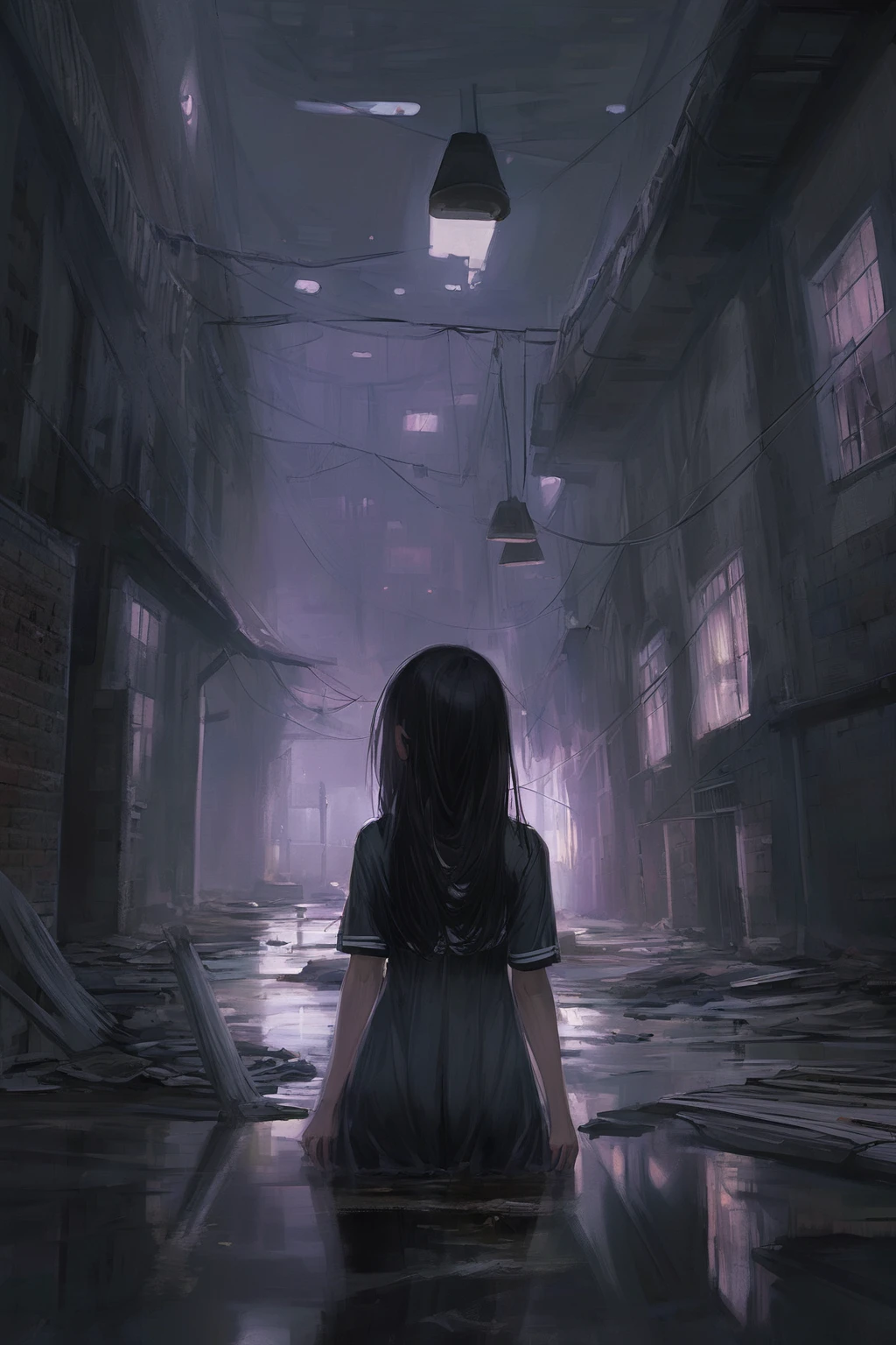 masterpiece,
best quality,
game cg,
standing ,1girl,black hair,
BREAK
In the darkness of nighttime, an abandoned factory looms. The interior is dim and gloomy, with broken windows and liquid spilled on the floor.
BREAK
The lighting is barely illuminating, adding to the overall horror-like atmosphere. There's a sensation of something moving in the dark, yet no one is there to confirm it.
BREAK
Eerie noises echo throughout, mixed with the sound of creepy laughter. Everything here screams that one should not be in this place.
BREAK