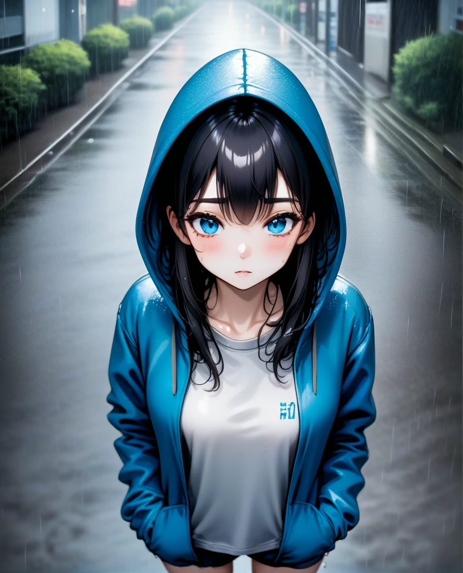 1girl, standing, rain, medium hair, black hair, blue eyes, wet, hoodie, pov, street,