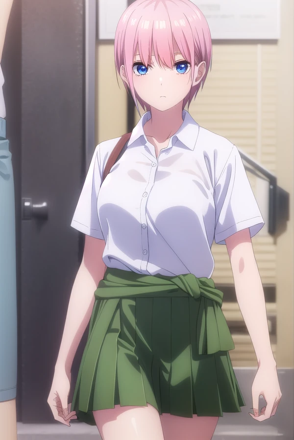 ichikanakano, <lora:ichikanakanospecial-lora-nochekaiser:1>,
ichika nakano, short hair, bangs, blue eyes, hair between eyes, pink hair,
BREAK skirt, shirt, school uniform, white shirt, short sleeves, pleated skirt, shoes, socks, collared shirt, black footwear, sweater, white socks, (green skirt:1.5), loafers, clothes around waist,
BREAK indoors, classroom,
BREAK looking at viewer, (cowboy shot:1.5),
BREAK <lyco:GoodHands-beta2:1>, (masterpiece:1.2), best quality, high resolution, unity 8k wallpaper, (illustration:0.8), (beautiful detailed eyes:1.6), extremely detailed face, perfect lighting, extremely detailed CG, (perfect hands, perfect anatomy),
