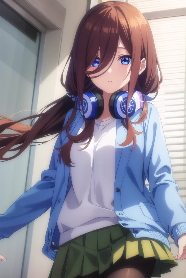 mikunakano, <lora:mikunakanospecial-lora-nochekaiser:1>, 
miku nakano, long hair, bangs, blue eyes, brown hair, shirt, hair between eyes, headphones, cardigan, headphones around neck,
BREAK skirt, shirt, long sleeves, white shirt, pantyhose, pleated skirt, black pantyhose, cardigan, green skirt, blue cardigan,
BREAK indoors, classroom,
BREAK looking at viewer, 
BREAK <lyco:GoodHands-beta2:1>, (masterpiece:1.2), best quality, high resolution, unity 8k wallpaper, (illustration:0.8), (beautiful detailed eyes:1.6), extremely detailed face, perfect lighting, extremely detailed CG, (perfect hands, perfect anatomy),