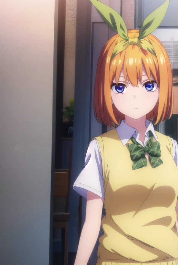 yotsubanakano, <lora:yotsubanakanospecial-lora-nochekaiser:1>,
yotsuba nakano, bangs, short hair, blue eyes, hair between eyes, hair ribbon, hairband, orange hair, (green ribbon:1.5),
BREAK skirt, shirt, bow, ribbon, school uniform, white shirt, short sleeves, pleated skirt, shoes, socks, collared shirt, miniskirt, bowtie, black footwear, kneehighs, green skirt, black socks, loafers, green bow, sweater vest, green ribbon, (yellow sweater vest:1.5),
BREAK indoors, classroom,
BREAK looking at viewer, (cowboy shot:1.5),
BREAK <lyco:GoodHands-beta2:1>, (masterpiece:1.2), best quality, high resolution, unity 8k wallpaper, (illustration:0.8), (beautiful detailed eyes:1.6), extremely detailed face, perfect lighting, extremely detailed CG, (perfect hands, perfect anatomy),