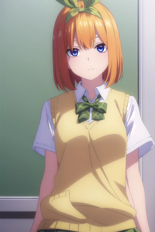 yotsubanakano, <lora:yotsubanakanospecial-lora-nochekaiser:1>,
yotsuba nakano, bangs, short hair, blue eyes, hair between eyes, hair ribbon, hairband, orange hair, (green ribbon:1.5),
BREAK skirt, shirt, bow, ribbon, school uniform, white shirt, short sleeves, pleated skirt, shoes, socks, collared shirt, miniskirt, bowtie, black footwear, kneehighs, green skirt, black socks, loafers, green bow, sweater vest, green ribbon, (yellow sweater vest:1.5),
BREAK indoors, classroom,
BREAK looking at viewer, (cowboy shot:1.5),
BREAK <lyco:GoodHands-beta2:1>, (masterpiece:1.2), best quality, high resolution, unity 8k wallpaper, (illustration:0.8), (beautiful detailed eyes:1.6), extremely detailed face, perfect lighting, extremely detailed CG, (perfect hands, perfect anatomy),