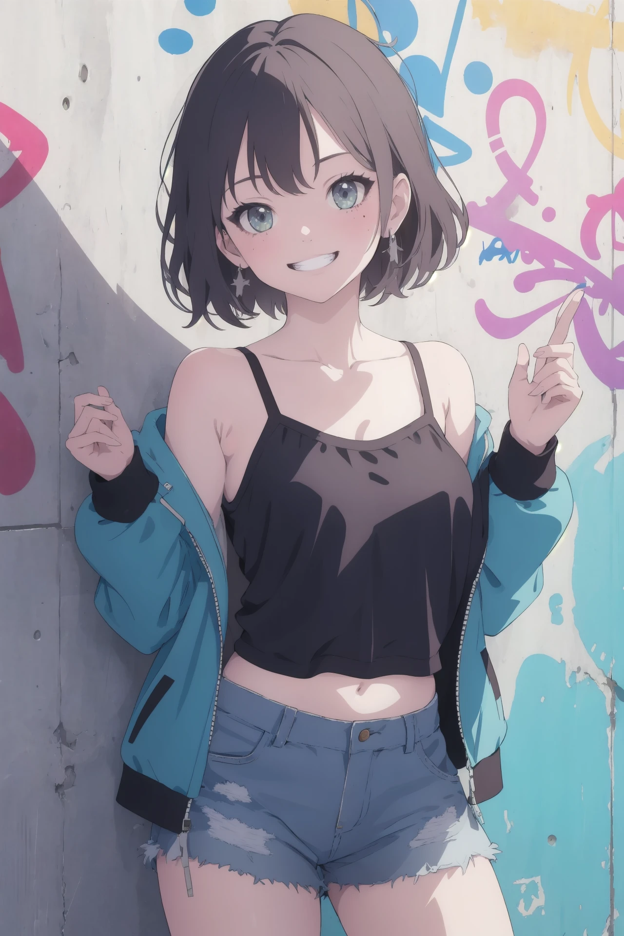 (best quality, masterpiece, highres),1girl,solo,short hair,camisole,shorts,grin,hands up,single bare shoulder,cropped jacket,graffiti,looking at viewer,wall,sunlight,
<lora:onlysimple_v1:1>,cowboy shot,