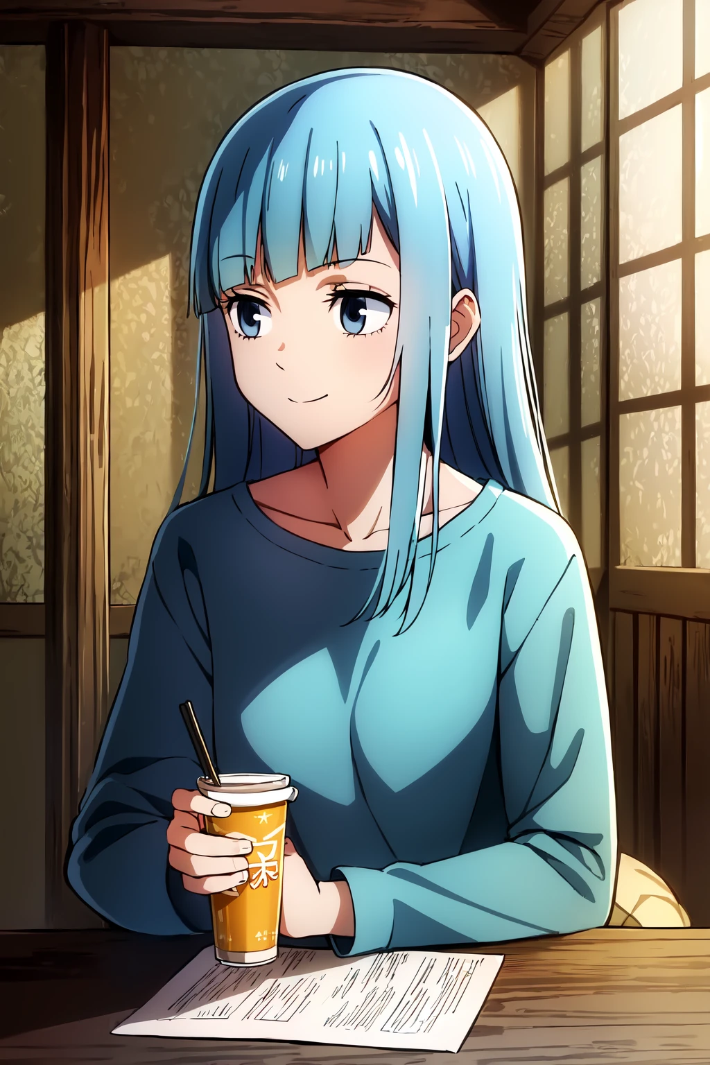 (extremely detailed CG unity 8k wallpaper),(masterpiece),(best quality),(ultra-detailed),(best illustration),(best shadow),(absurdres),  <lora:Miwa-20:0.8>,Kasumi, 1girl, solo, blue hair, long hair, blue eyes, smile, holding, bangs, shirt, blunt bangs, indoors, upper body, closed mouth, straight hair, long sleeves
