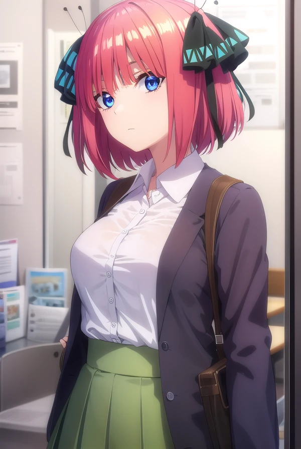 ninonakano, <lora:ninonakanospecial-lora-nochekaiser:1>,
nino nakano, short hair, bangs, blue eyes, hair ornament, hair ribbon, pink hair, blunt bangs, two side up, butterfly hair ornament,
BREAK skirt, shirt, long sleeves, white shirt, pleated skirt, open clothes, collared shirt, sleeves past wrists, dress shirt, cardigan, green skirt, open cardigan, black cardigan,
BREAK indoors, classroom,
BREAK looking at viewer,
BREAK <lyco:GoodHands-beta2:1>, (masterpiece:1.2), best quality, high resolution, unity 8k wallpaper, (illustration:0.8), (beautiful detailed eyes:1.6), extremely detailed face, perfect lighting, extremely detailed CG, (perfect hands, perfect anatomy),