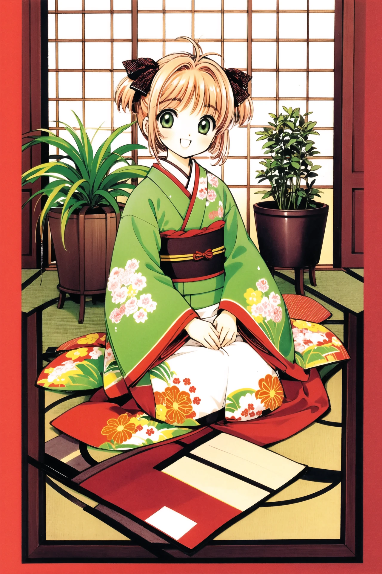 kinomoto sakura, 1girl, japanese clothes, seiza, kimono, brown hair, floral print, flower, vase, long sleeves, obi, green eyes, sitting, sash, 1990s (style), indoors, bangs, antenna hair, short hair, smile, looking at viewer, kero, retro artstyle, hair intakes, hand fan, open mouth, potted plant, print kimono, plant, hair ornament, wide sleeves, full body, solo, head tilt, :d, orange kimono, two side up, zabuton, female , ribbon, picture frame, <lora:Card Captor Sakura_v2:0.8>