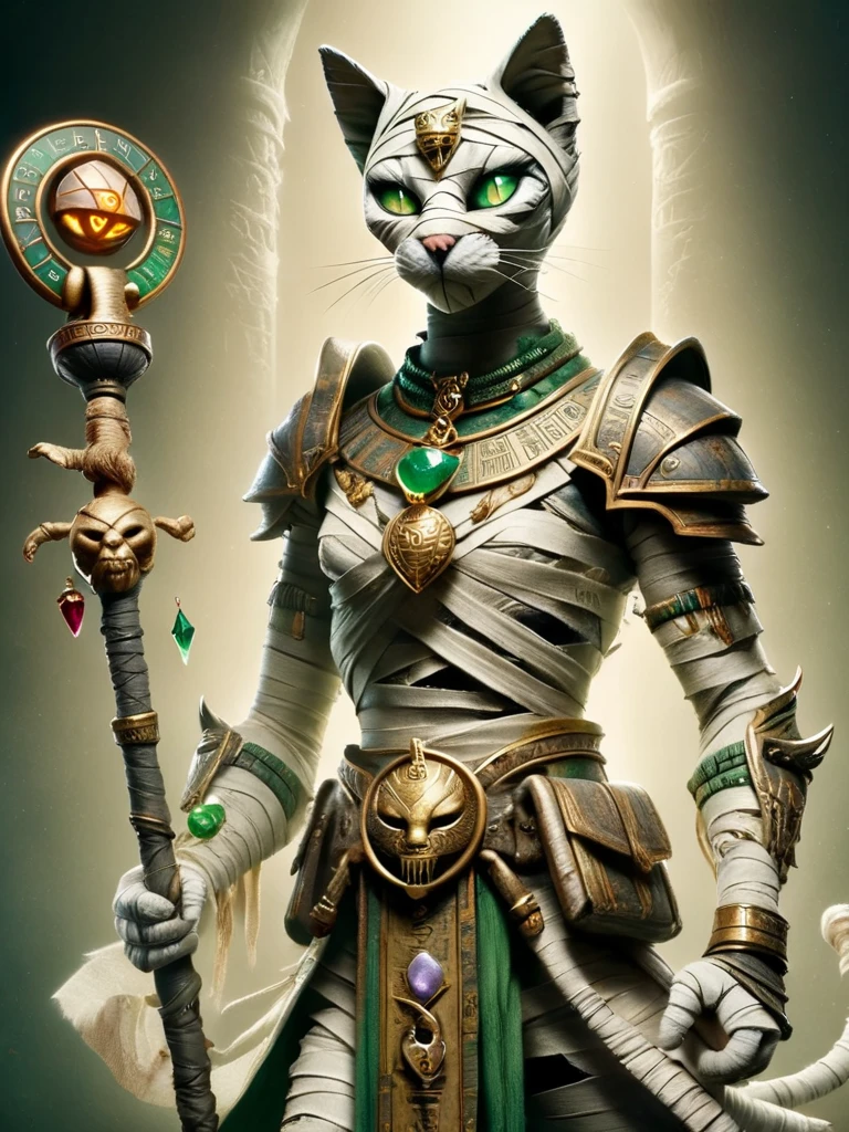 a bastet female cat, shaman, wizzard, sorcerer, with staff, holding staff, green eyes, <lora:bastet-sdxl:1>