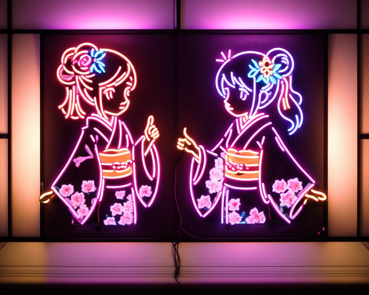 <lora:neon_v1:0.7> old woman, standing, ponytail, flower, cowboy shot, parted lips, japanese clothes, indoors, hand up, hair flower, wide sleeves, medium hair, kimono, hair bun, pointing at another, neon sign, neonsign, neon, LED