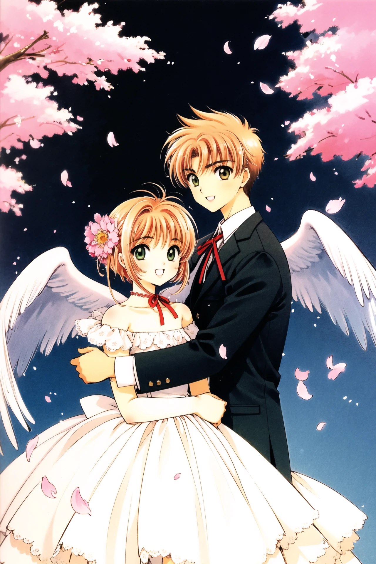 1girl, kinomoto sakura, 1boy, Li Syaoran, dress, brown hair, green eyes, smile, brown eyes, white dress, open mouth, wings, 1990s (style), looking at viewer, puffy sleeves, short hair, :d, short sleeves, ribbon, long sleeves, hetero, petals, bangs, retro artstyle, jacket, antenna hair, puffy short sleeves, white jacket, hair ornament, couple, formal, cherry blossoms, bare shoulders, closed mouth, male , suit, flower, choker, red ribbon, off shoulder, hair flower, off-shoulder dress, hug, white wings, hand on another's shoulder, <lora:Card Captor Sakura_v2:0.8>