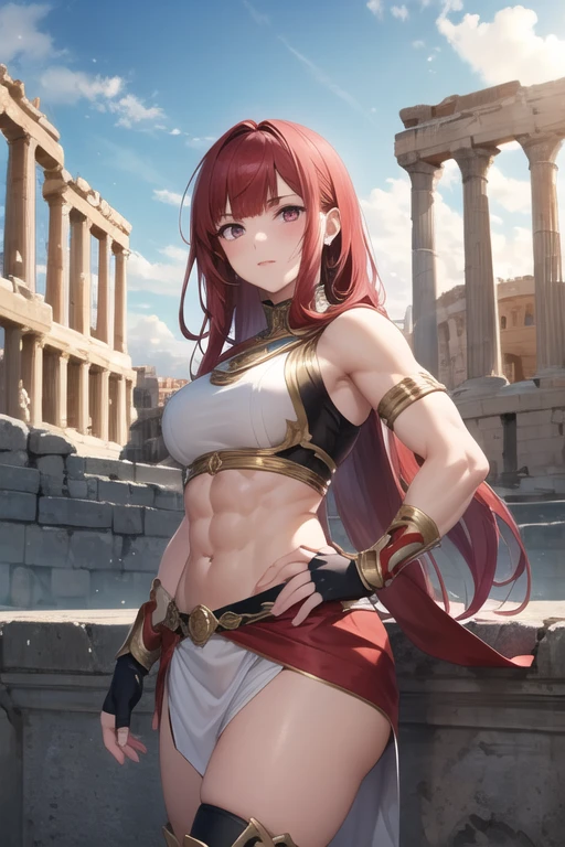Hellenistic 1girl,red hair, heracles,ancient greece,coliseum,ancient armor,middle hair,muscular,fingerless gloves,blunt bangs,blunt ends,