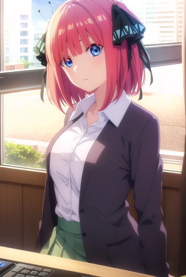 ninonakano, <lora:ninonakanospecial-lora-nochekaiser:1>,
nino nakano, short hair, bangs, blue eyes, hair ornament, hair ribbon, pink hair, blunt bangs, two side up, butterfly hair ornament,
BREAK skirt, shirt, long sleeves, white shirt, pleated skirt, open clothes, collared shirt, sleeves past wrists, dress shirt, cardigan, green skirt, open cardigan, black cardigan,
BREAK indoors, classroom,
BREAK looking at viewer,
BREAK <lyco:GoodHands-beta2:1>, (masterpiece:1.2), best quality, high resolution, unity 8k wallpaper, (illustration:0.8), (beautiful detailed eyes:1.6), extremely detailed face, perfect lighting, extremely detailed CG, (perfect hands, perfect anatomy),