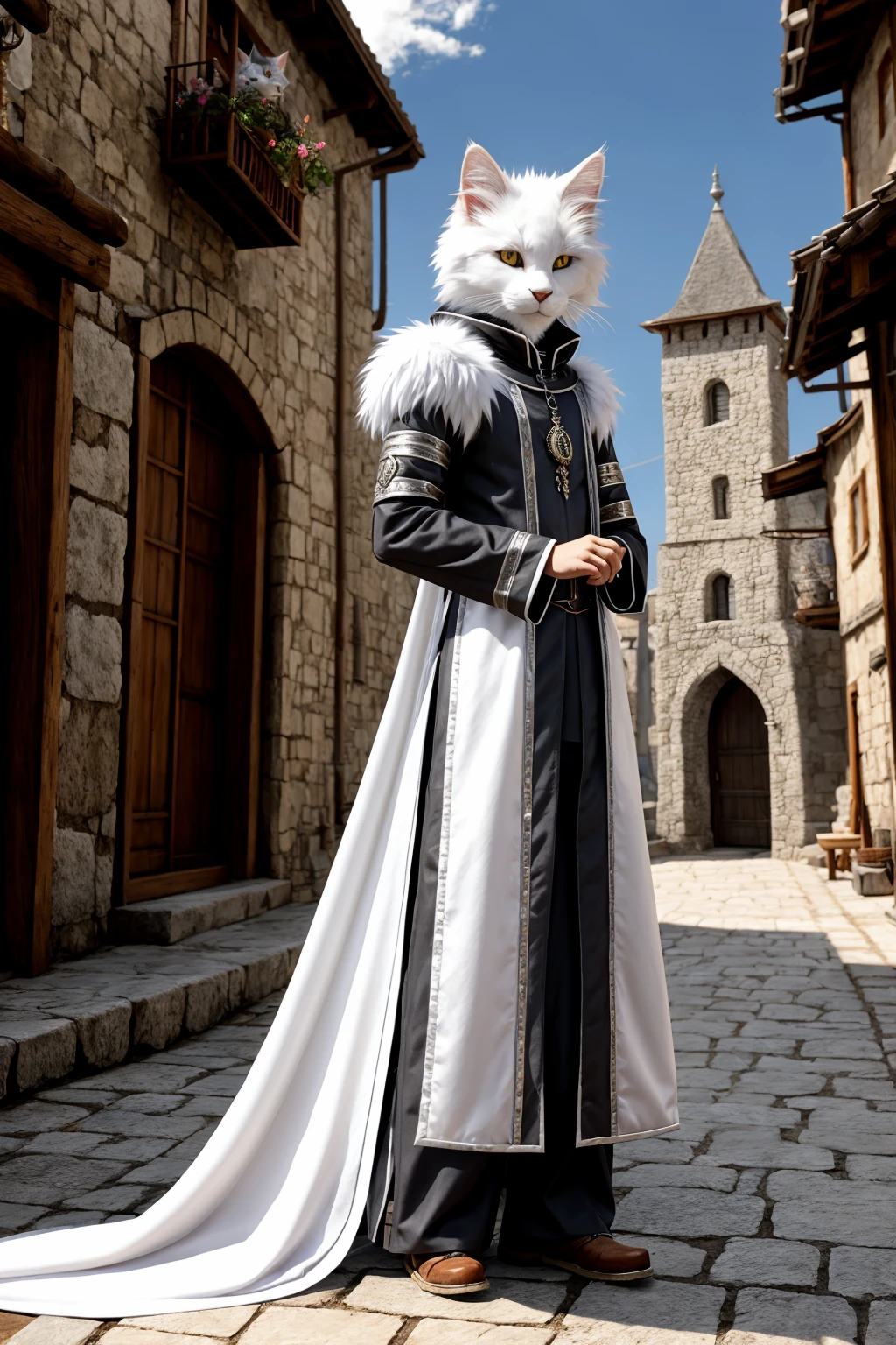 Sorcerer Humanoid Cat Furry, White Fur, Silver Dragon Heritage, Large Dragon Claws, Traveler Cloth, Fantasy Ambience, Anime Style, Medieval Town