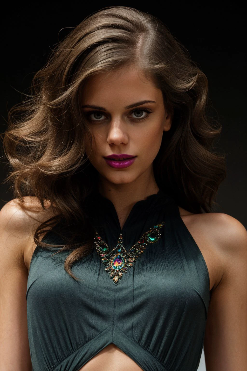 beauty photo headshot of a simple modern female
<lora:LittleCaprice_v1.0:1> LittleCaprice
in a dark theme simple dark glowing background,
voluminous wavy curls, detailed intricate hair strands, detailed hairline, detailed skin tone, detailed skin complexion, (classic high neckline shimmering colorful asymmetrical maxi dress:1.3)
(intricate skin details:1.3),
bright shining eyes, covered navel
<lora:epiCRealismHelper:1>
amazing fine detail, Nikon D850 film stock photograph Kodak Portra 400 camera f1.6 lens, rich colors, lifelike texture, dramatic lighting, dynamic composition, unreal engine, trending on ArtStation, cinestill 800 tungsten, in the style of David Hamilton photography
(plunging neckline:-1)
