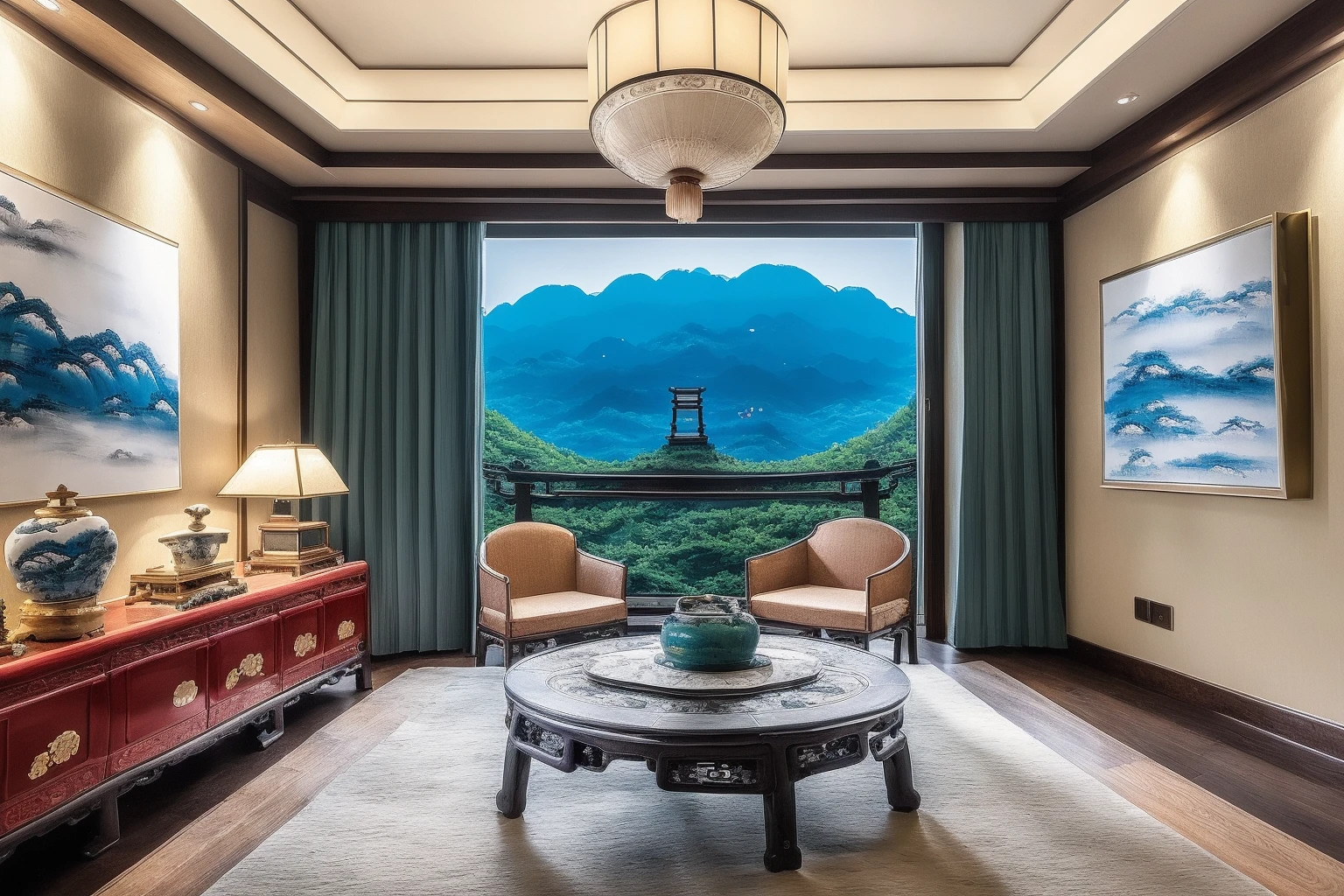 ((best quality)),((masterpiece)),((realistic)), <lora:JJsChineseStyle:.7> , photorealistic, sky, mountain ,
(((Chinese Style))) ,indoor scenery, indoor ,wall ,rug ,painting , lamp, flower, vase , chair ,table ,ceiling light, living room, plant, window ,curtain,bed, pillow,