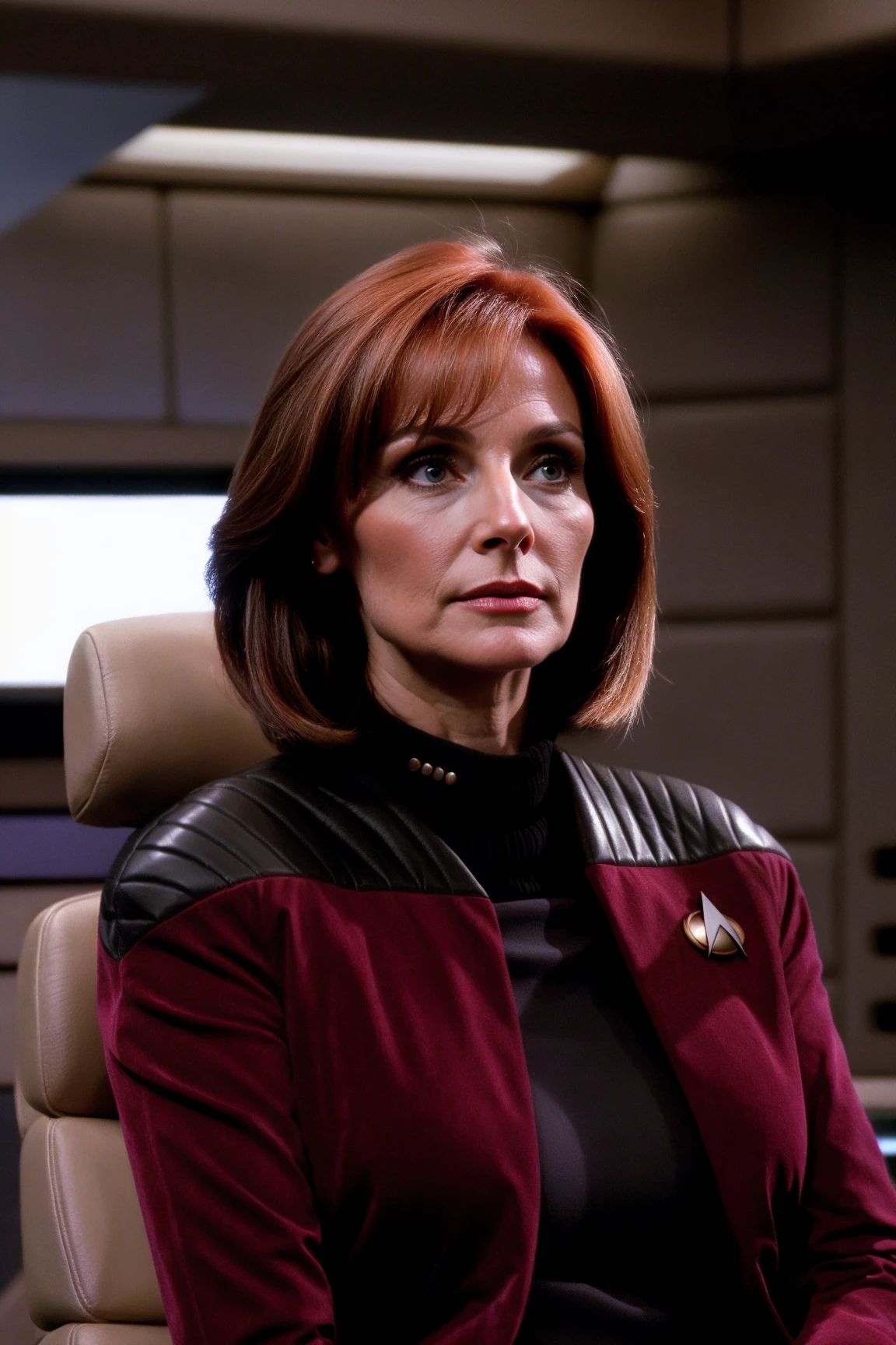 bcrs in cptnvrn jacket,enterprise bridge,sitting in a chair,professional photograph of a stunning woman detailed, sharp focus, dramatic, award winning, cinematic lighting, octane render, unreal engine, volumetrics dtx, (film grain, bokeh, blurry foreground, blurry background)<lora:STNGV3new:0.8>