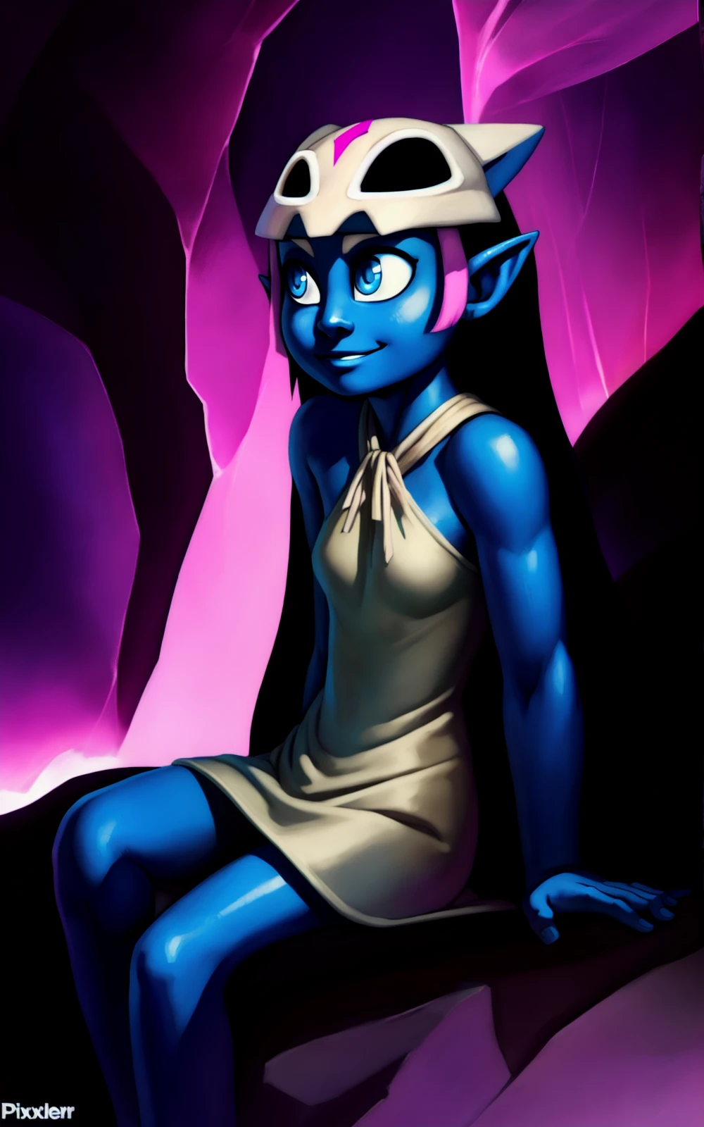 8k.4k,((Best quality, masterpiece, ultra high resolution)),((full body)),sitting on a rock,by pixelsketcher, <lora:Coqueline:1.4>,Coqueline,blue eyes,barefoot, mask on head,mask,( blue skin),short beige dress,(pink hair),sleeveless, bare shoulders, forehead mark,pointy ears,feathers, halterneck,human,skull,black hair, two tone hair,long hair,long shot, cave, pink lights,smile