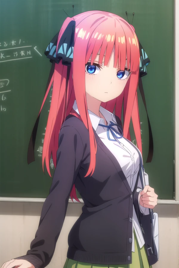 ninonakano, <lora:ninonakanospecial-lora-nochekaiser:1>,
nino nakano, long hair, bangs, blue eyes, hair ornament, hair ribbon, pink hair, blunt bangs, two side up, butterfly hair ornament,
BREAK skirt, shirt, long sleeves, white shirt, pleated skirt, open clothes, collared shirt, sleeves past wrists, dress shirt, cardigan, green skirt, open cardigan, black cardigan,
BREAK indoors, classroom,
BREAK looking at viewer, (cowboy shot:1.5),
BREAK <lyco:GoodHands-beta2:1>, (masterpiece:1.2), best quality, high resolution, unity 8k wallpaper, (illustration:0.8), (beautiful detailed eyes:1.6), extremely detailed face, perfect lighting, extremely detailed CG, (perfect hands, perfect anatomy),