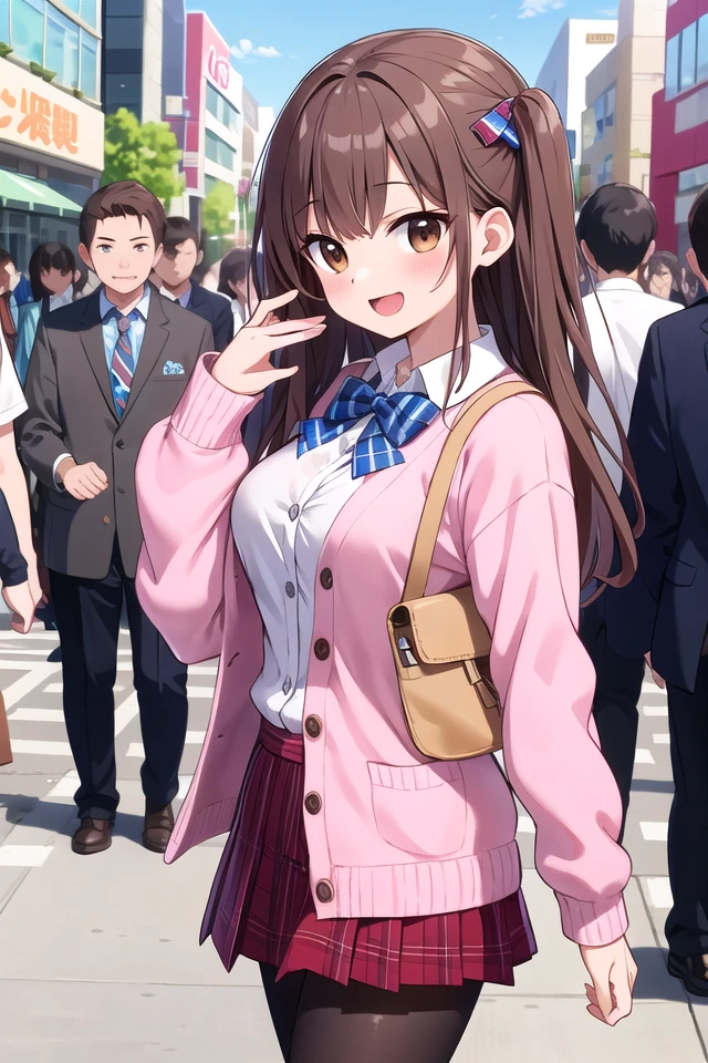 insanely detailed, absurdres, ultra-highres, ultra-detailed, best quality,
1girl, solo, nice hands, perfect hands,
BREAK
(School Uniforms:1.2), (pink cardigan is fit body:1.4), ((do up a buttons, not loose):1.5), ((long sleeve, sleeves past wrists):1.2), (inner wear is white collared-shirt:1.3), (red plaid-pattern bow:1.3), (red plaid-pattern pleated skirt:1.3), ((dark-brown pantyhose, loafers):1.2)
BREAK
happy smile, laugh, open mouth, standing,
from side,
cute pose, cowboy shot,
BREAK
slender, kawaii, perfect symmetrical face, ultra cute girl, ultra cute face, ultra detailed eyes, ultra detailed hair, ultra cute, ultra beautiful,
BREAK
in harajuku, shibuya, tokyo, street, crowd, cityscape,
BREAK
medium large breasts,
(brown hair, brown eyes), hime cut