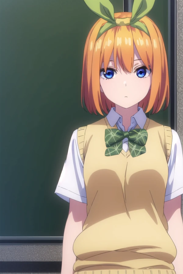 yotsubanakano, <lora:yotsubanakanospecial-lora-nochekaiser:1>,
yotsuba nakano, bangs, short hair, blue eyes, hair between eyes, hair ribbon, hairband, orange hair, (green ribbon:1.5),
BREAK skirt, shirt, bow, ribbon, school uniform, white shirt, short sleeves, pleated skirt, shoes, socks, collared shirt, miniskirt, bowtie, black footwear, kneehighs, green skirt, black socks, loafers, green bow, sweater vest, green ribbon, (yellow sweater vest:1.5),
BREAK indoors, classroom,
BREAK looking at viewer, (cowboy shot:1.5),
BREAK <lyco:GoodHands-beta2:1>, (masterpiece:1.2), best quality, high resolution, unity 8k wallpaper, (illustration:0.8), (beautiful detailed eyes:1.6), extremely detailed face, perfect lighting, extremely detailed CG, (perfect hands, perfect anatomy),