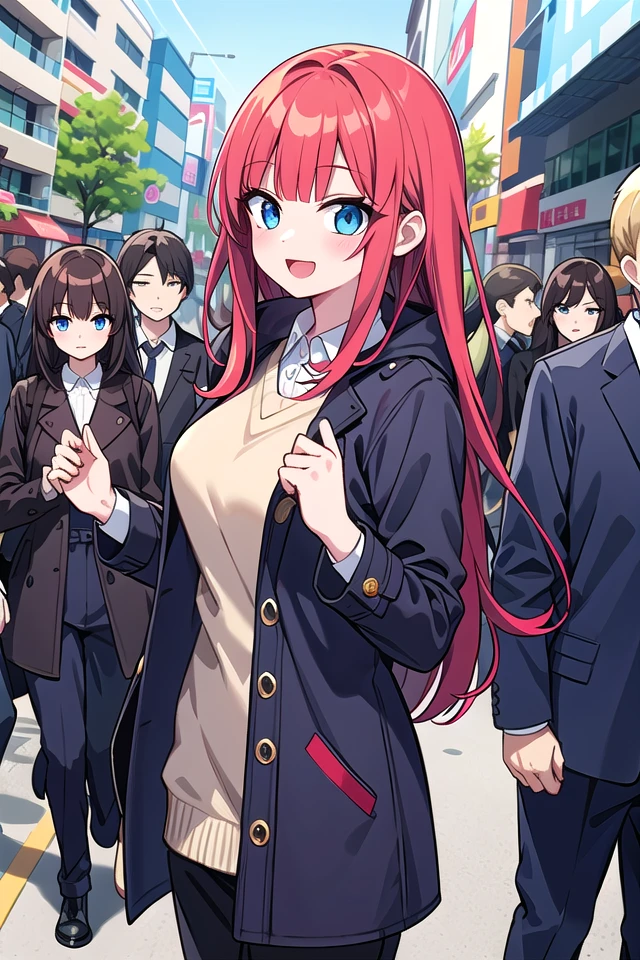 insanely detailed, absurdres, ultra-highres, ultra-detailed, best quality,
1girl, solo, nice hands, perfect hands,
BREAK
maxi coat, long sleeve shirt, chino pants
BREAK
happy smile, laugh, open mouth, standing,
from side,
cute pose, cowboy shot,
BREAK
slender, kawaii, perfect symmetrical face, ultra cute girl, ultra cute face, ultra detailed eyes, ultra detailed hair, ultra cute, ultra beautiful,
BREAK
in harajuku, shibuya, tokyo, street, crowd, cityscape,
BREAK
large breasts,
(red hair, blue eyes), hime cut