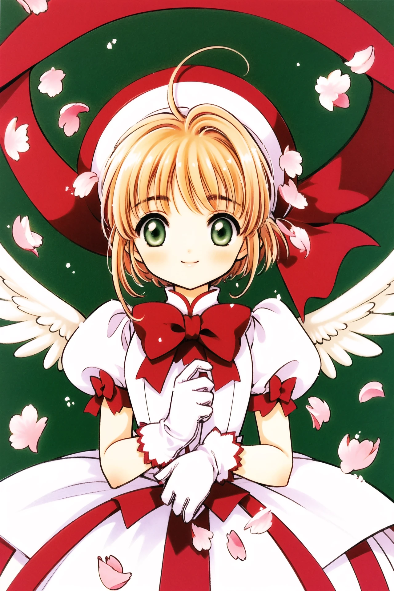 1girl, brown hair, kinomoto sakura, hat, gloves, dress, green eyes, white gloves, kero, wings, magical girl, bow, short hair, short sleeves, pink headwear, puffy sleeves, looking at viewer, puffy short sleeves, petals, smile, red bow, antenna hair, frills, solo focus, white wings,  <lora:Card Captor Sakura_v2:0.8>