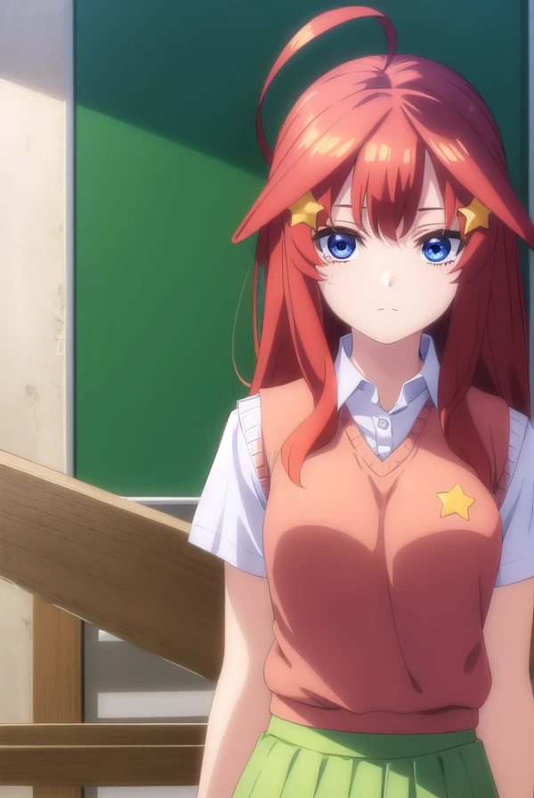 itsukinakano, <lora:itsukinakanospecial-lora-nochekaiser:1>,
itsuki nakano, bangs, blue eyes, hair between eyes, ahoge, red hair, star \(symbol\), hair ornament, star hair ornament,
BREAK skirt, shirt, school uniform, collarbone, white shirt, short sleeves, pleated skirt, socks, collared shirt, miniskirt, kneehighs, white socks, (green skirt:1.5), sweater vest, (red sweater vest:1.5),
BREAK indoors, classroom,
BREAK looking at viewer, (cowboy shot:1.5),
BREAK <lyco:GoodHands-beta2:1>, (masterpiece:1.2), best quality, high resolution, unity 8k wallpaper, (illustration:0.8), (beautiful detailed eyes:1.6), extremely detailed face, perfect lighting, extremely detailed CG, (perfect hands, perfect anatomy),