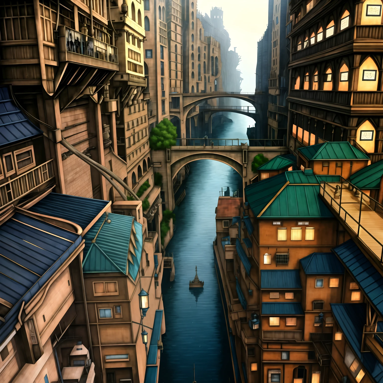 ((masterpiece)),((best quality)),((high detial)),((realistic)) Industrial age city, deep canyons in the middle, architectural streets, bazaars, Bridges, rainy days, steampunk, European architecture