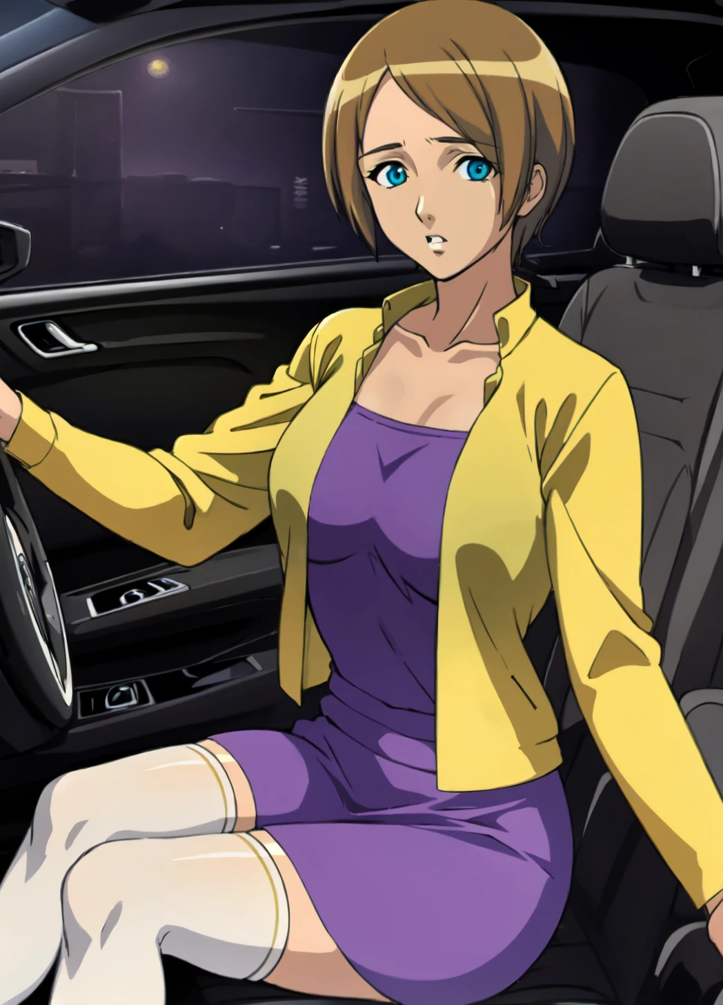 minako haruno
solo, mature female,
1girl,blue eyes, short hair, brown hair, beautiful legs, pixie cut,
yellow jacket, purple dress, skin colored thighhighs, open jacket,
parted lips,
sitting,
inside the car, holding steering wheel,
car interior, motor vehicle
cityscape, night,
(masterpiece:1.4), (best quality:1.4), realistic,
<lora:minako_haruno_urotsukidoji_ver10:0.8>