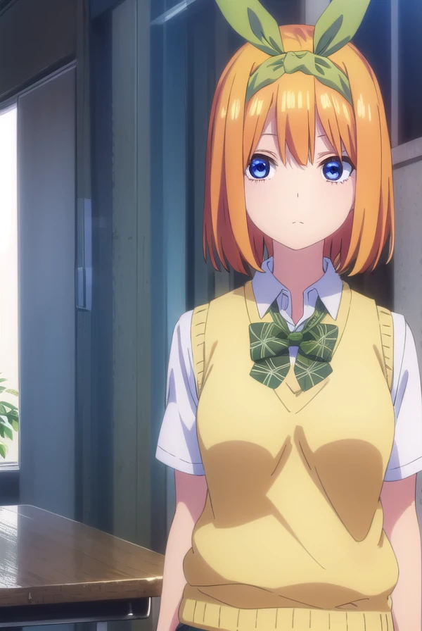 yotsubanakano, <lora:yotsubanakanospecial-lora-nochekaiser:1>,
yotsuba nakano, bangs, short hair, blue eyes, hair between eyes, hair ribbon, hairband, orange hair, (green ribbon:1.5),
BREAK skirt, shirt, bow, ribbon, school uniform, white shirt, short sleeves, pleated skirt, shoes, socks, collared shirt, miniskirt, bowtie, black footwear, kneehighs, green skirt, black socks, loafers, green bow, sweater vest, green ribbon, (yellow sweater vest:1.5),
BREAK indoors, classroom,
BREAK looking at viewer, (cowboy shot:1.5),
BREAK <lyco:GoodHands-beta2:1>, (masterpiece:1.2), best quality, high resolution, unity 8k wallpaper, (illustration:0.8), (beautiful detailed eyes:1.6), extremely detailed face, perfect lighting, extremely detailed CG, (perfect hands, perfect anatomy),