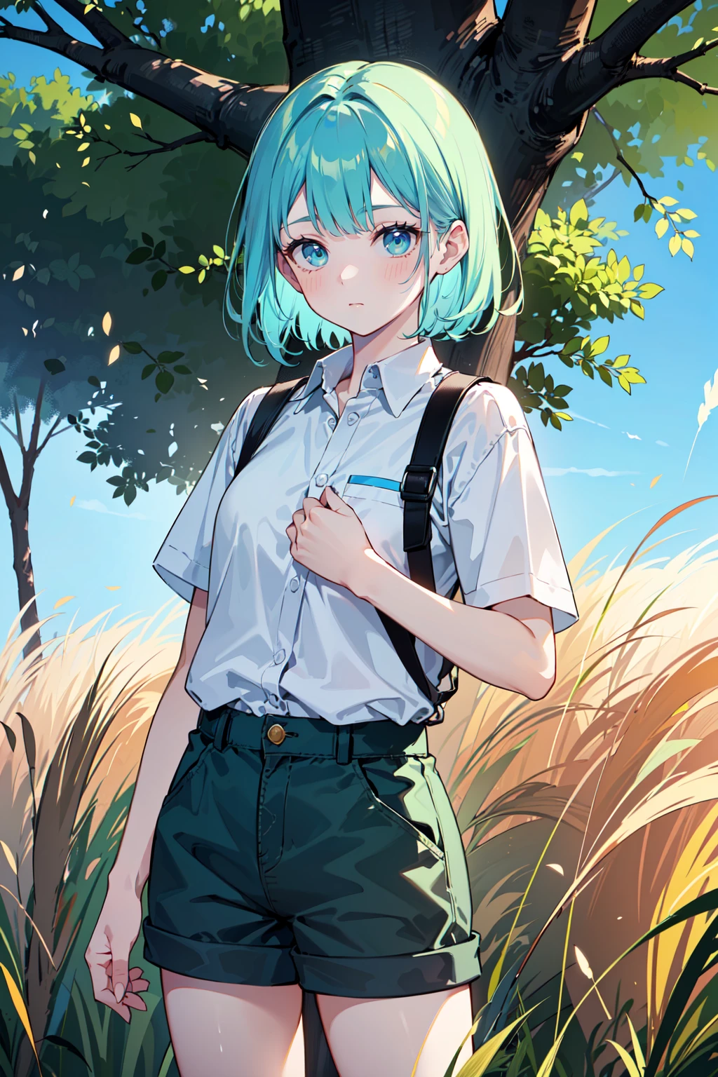 (best quality, masterpiece:1.1), cowboy shot, looking down, (1female), earnest face, cyan hair, medium hair, pointy hair, explorer buttoned shirt, (short cargopants), explorer boots, (savana, (dry, yellow grass land), tree, outdoors),