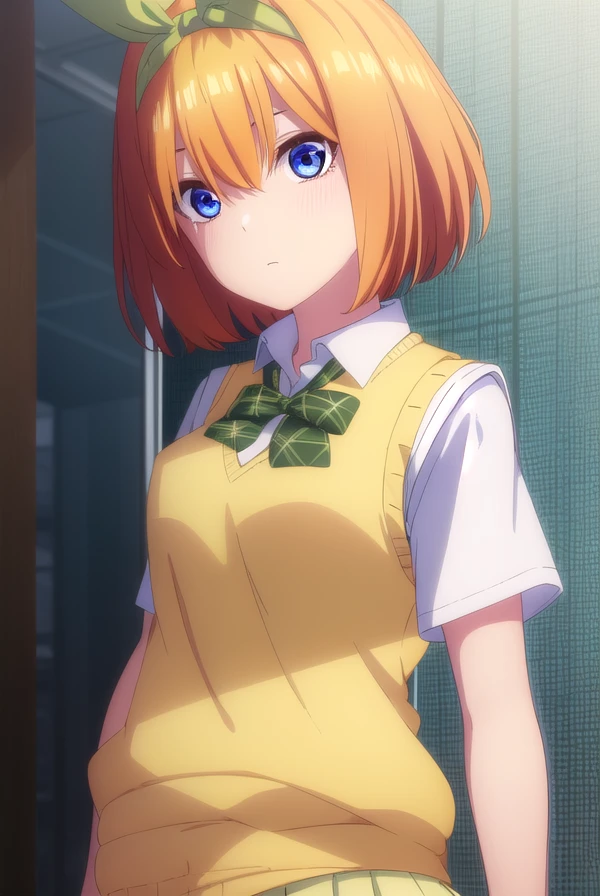 yotsubanakano, <lora:yotsubanakanospecial-lora-nochekaiser:1>,
yotsuba nakano, bangs, short hair, blue eyes, hair between eyes, hair ribbon, hairband, orange hair, (green ribbon:1.5),
BREAK skirt, shirt, bow, ribbon, school uniform, white shirt, short sleeves, pleated skirt, shoes, socks, collared shirt, miniskirt, bowtie, black footwear, kneehighs, green skirt, black socks, loafers, green bow, sweater vest, green ribbon, (yellow sweater vest:1.5),
BREAK indoors, classroom,
BREAK looking at viewer, (cowboy shot:1.5),
BREAK <lyco:GoodHands-beta2:1>, (masterpiece:1.2), best quality, high resolution, unity 8k wallpaper, (illustration:0.8), (beautiful detailed eyes:1.6), extremely detailed face, perfect lighting, extremely detailed CG, (perfect hands, perfect anatomy),
